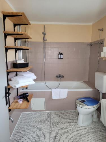 a bathroom with a bath tub and a toilet at ZwischenWasser in Jübek