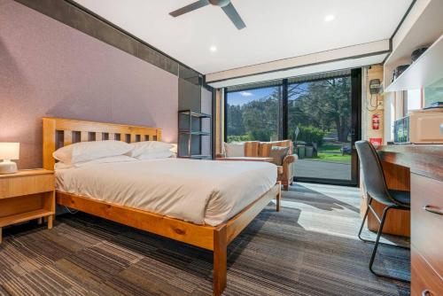 a bedroom with a bed and a large window at McLaren Flat Studio in McLaren Flat