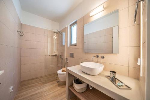 a bathroom with a sink and a toilet at Villa Katoikia Dio by Villa Plus in Simotáta