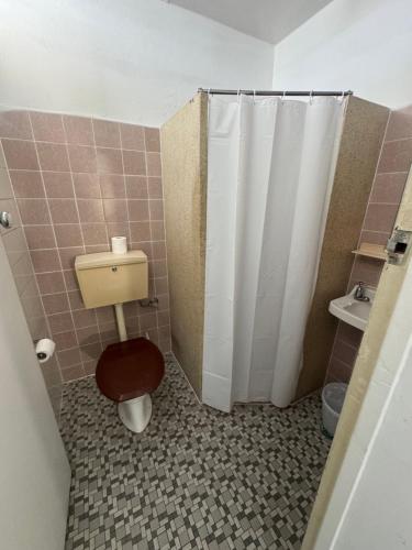 a small bathroom with a toilet and a shower at Mayfield Motel in Mayfield