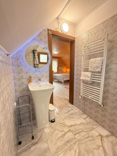 a bathroom with a sink and a mirror at Vila Adela in Lacu Rosu