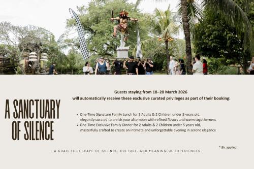 a flyer for a santuary of science with a picture of a statue at Sanctoo Suites & Villas in Gianyar