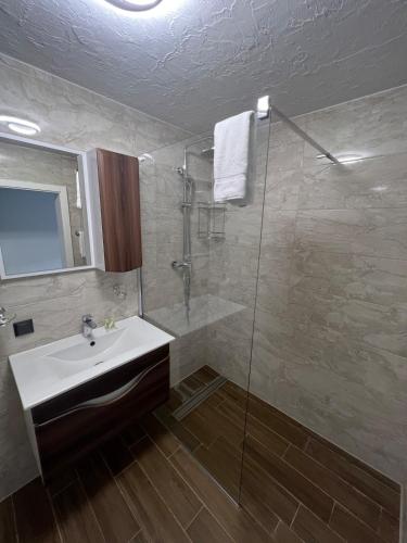 a bathroom with a sink and a glass shower at Allgäu Residenz & Spa in Wiggensbach