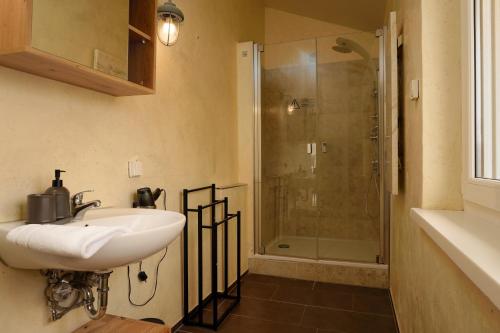 a bathroom with a sink and a shower at Wohnkultur - Industrial Loft Schwetzingen in Schwetzingen
