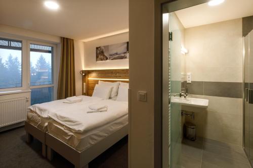 a hotel room with a bed and a sink at Sporthotel Olympia in Stachy
