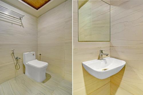 two pictures of a bathroom with a toilet and a sink at FabHotel SRP in Hyderabad