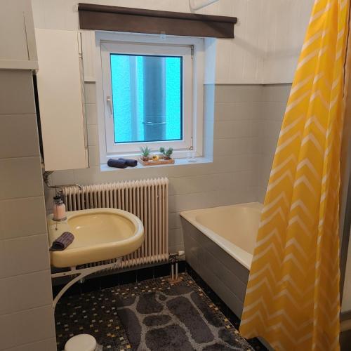 a bathroom with a tub and a sink and a window at Himmel in Ebensee