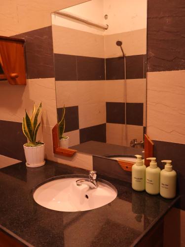 a bathroom counter with a sink and a mirror at Green Haven Hill Phu Quoc in Phú Quốc