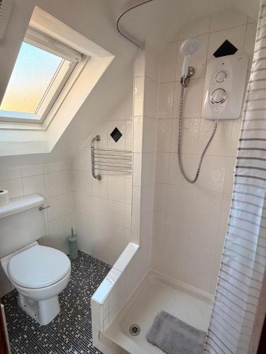 a bathroom with a toilet and a shower at Cosy 2 bedroom home with free parking near city in Edinburgh