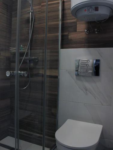 a bathroom with a toilet and a glass shower at Rivne Hostel in Rivne