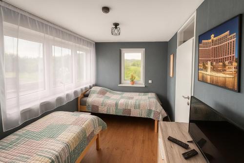 a bedroom with two beds and a window at Ferienwohnung Abbey in Müllensiefen