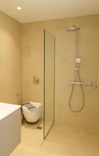 a bathroom with a shower with a toilet and a sink at Villa Artemis 1 - Etheras Properties in Kythira