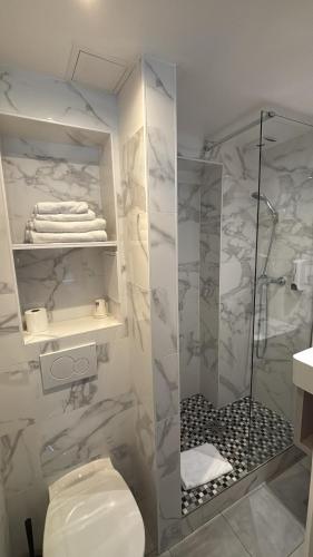 a bathroom with a shower and a toilet at New Hôtel Gare Du Nord in Paris