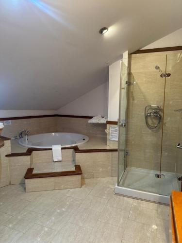 a large bathroom with a tub and a shower at Hotel Vado del Duratón in Sepúlveda