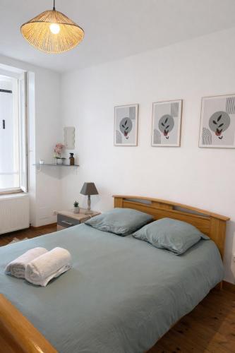 a bedroom with a large bed with two pillows at Maison de ville in Cognac