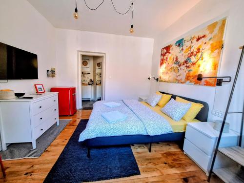 a bedroom with a bed and a tv in it at Cozy City Centar Studio in Podgorica