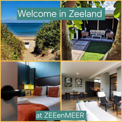 a collage of four pictures of a hotel room at ZEEenMEER stijlvol ruim vakantiehuis vlakbij strand Zeeland in Kamperland