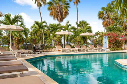a pool with chairs and umbrellas and palm trees at Parasasa Hotel Curacao in Willemstad