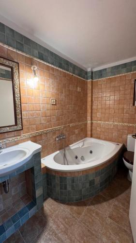 a bathroom with a tub and a sink and a toilet at Πέτρινη φωλιά in Livadi
