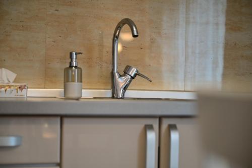a sink with a soap dispenser next to it at FLH - Binder Lake View with AC in Sibiu