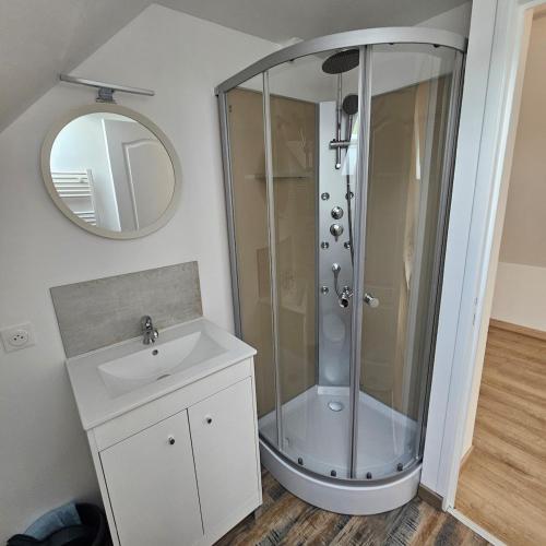a bathroom with a shower with a sink and a mirror at Hébergement Cosy in Bourg-et-Comin