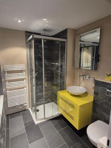 a bathroom with a shower and a sink at ABO - Boutique Apartment - Chalet Horst in Grindelwald