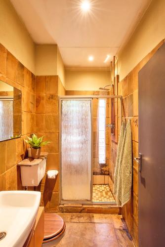 a bathroom with a shower and a sink at Parsons River Camp in Balule Game Reserve