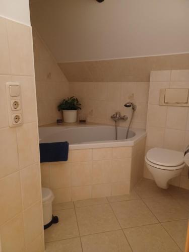 a bathroom with a toilet and a bath tub at "Ferienhaus-Ottendorf" mit Pool und Infarotkabine in Ottendorf