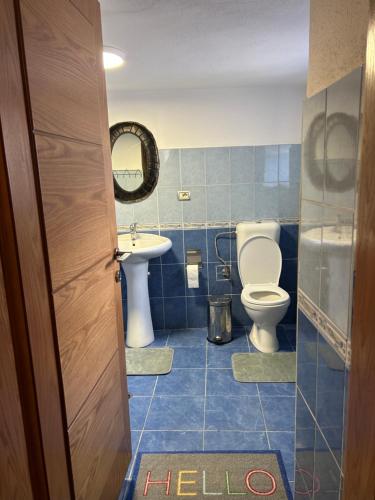 a bathroom with a sink and a toilet and a mirror at Florija’s Guesthouse in Dardhë