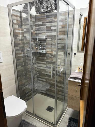 a shower stall in a bathroom with a toilet at Appartamento G&G in Pontechianale
