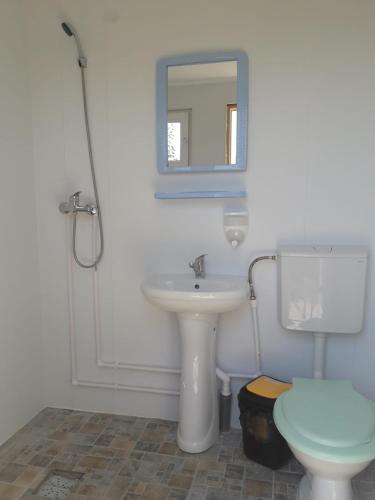 a bathroom with a sink and a toilet and a mirror at Aurora Glamping in Vama Veche