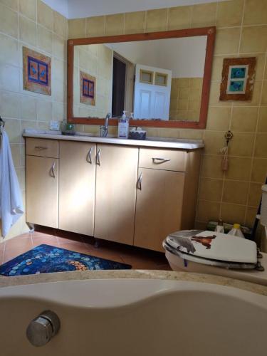 a bathroom with a tub and a sink and a mirror at בין צבעי החול in Sappir