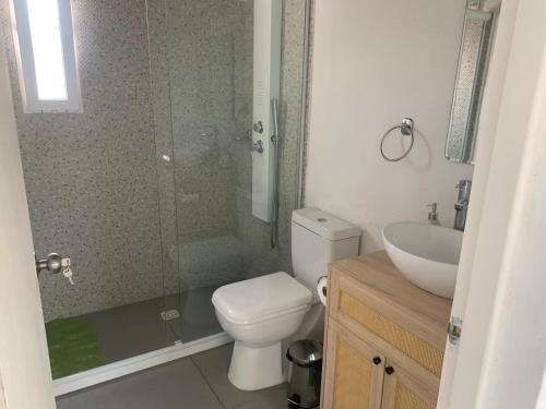 a bathroom with a shower and a toilet and a sink at Sur in Barra de Portezuelo