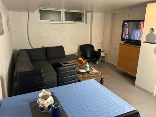a living room with a couch and a table at Basement Apartment in Villa in Odense