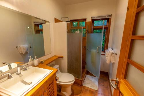 a bathroom with a toilet and a shower and a sink at Casa Tropical Atitlán in Panajachel
