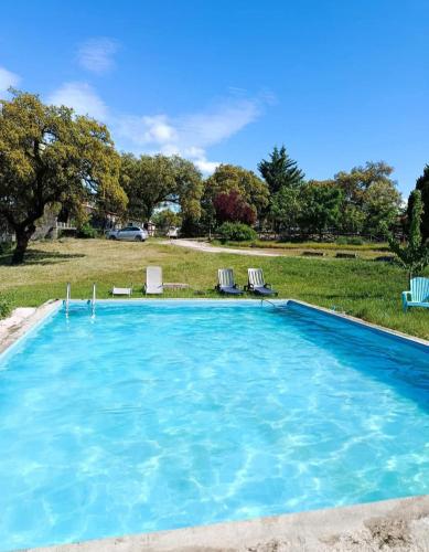 a large blue swimming pool with chairs in a yard at Casa da Vinha in Castelo Novo