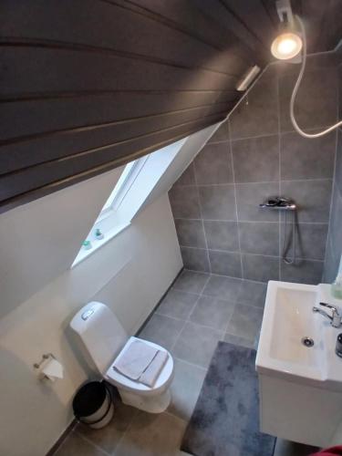 a bathroom with a toilet and a sink at city apartment, next to the Beach in Fredericia