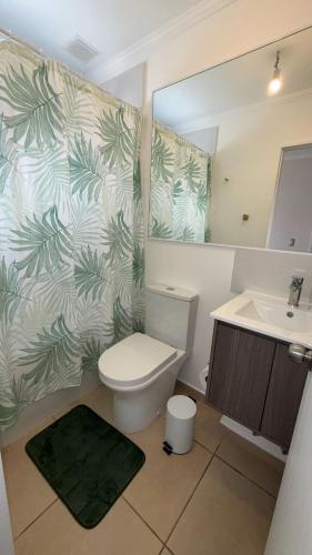 a bathroom with a toilet and a sink at Pucon, casa condominio in Pucón