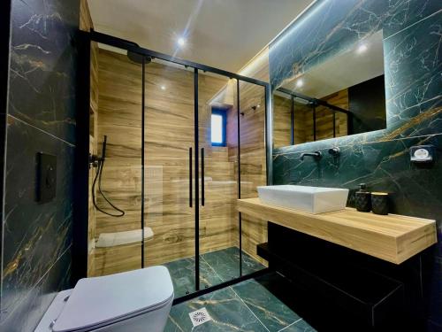 a bathroom with a shower and a toilet and a sink at Ira Apartments in Lassi