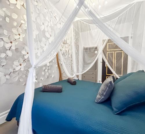 a bedroom with a canopy bed with blue sheets and pillows at Glamour & jacuzzi privé Chambéry in Chambéry