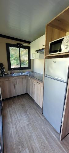 a kitchen with a white refrigerator and a microwave at Casa Prunelli in Bastelicaccia