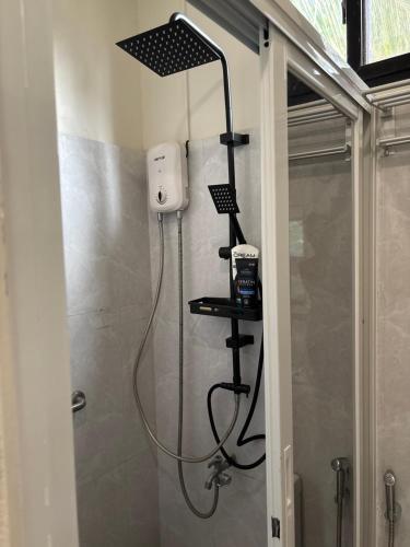 a shower in a bathroom with a shower at Hollywood Beachfront Bed & Breakfast in Mamburao