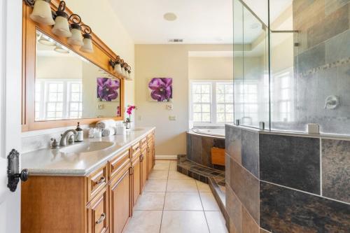 a bathroom with a sink and a shower at Blue Stone Chateau Yosemite Pool Spa Secluded in Abbeyville