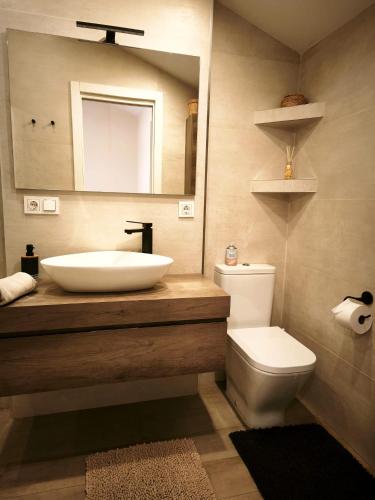 a bathroom with a sink and a toilet and a mirror at Duplex Apartman with sunny terrace in Mijas Pueblo in Mijas
