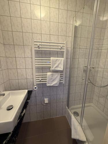 a bathroom with a shower and a sink and a tub at Gasthaus Decker in Mittenaar