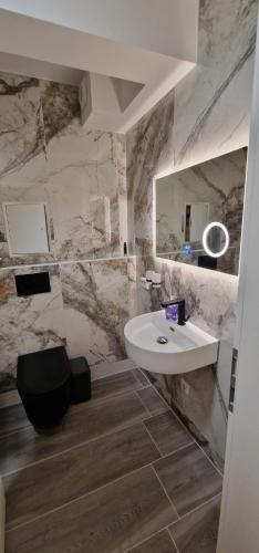 a bathroom with a sink and a mirror at Zafibo Gästehaus in Quickborn