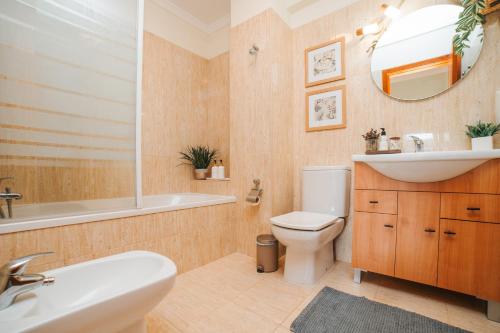 a bathroom with a sink toilet and a mirror at Magníficos Dias Atlânticos in Moledo