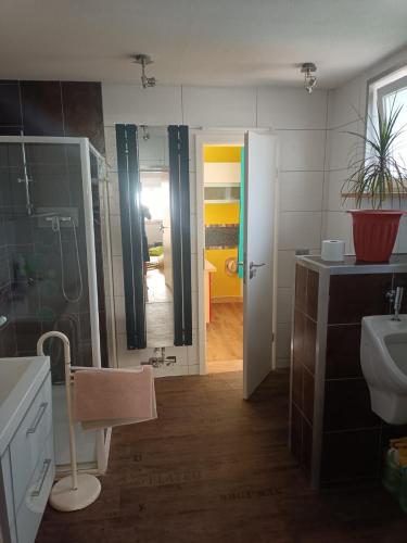 a bathroom with a shower and a sink and a toilet at Charming guest suite in triborder area in Huningue