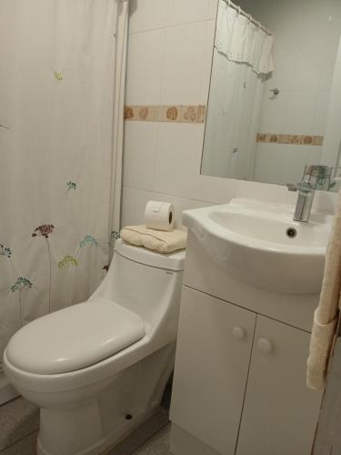 a white bathroom with a toilet and a sink at Casa Interior en La Cruz Quillota in Quillota