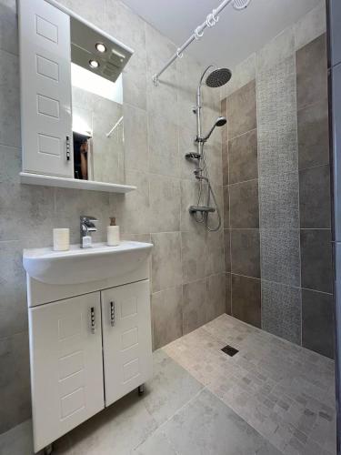 a bathroom with a shower with a sink and a counter at Креси in Yaremche